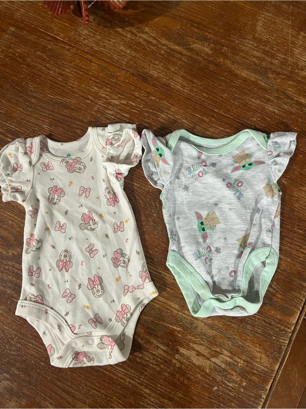 Disney Pink & Gray Floral & Star Wars Yoda flutter Sleeve One-Piece Bodysuits